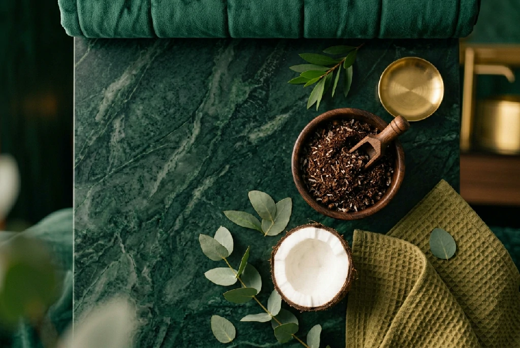 Coffee scrub bowl and coconut half on dark green marble