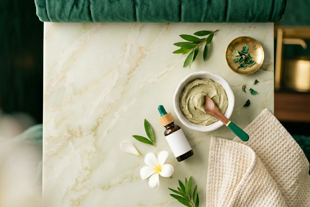 Face mask bowl, dropper bottle and frangipani on pale marble
