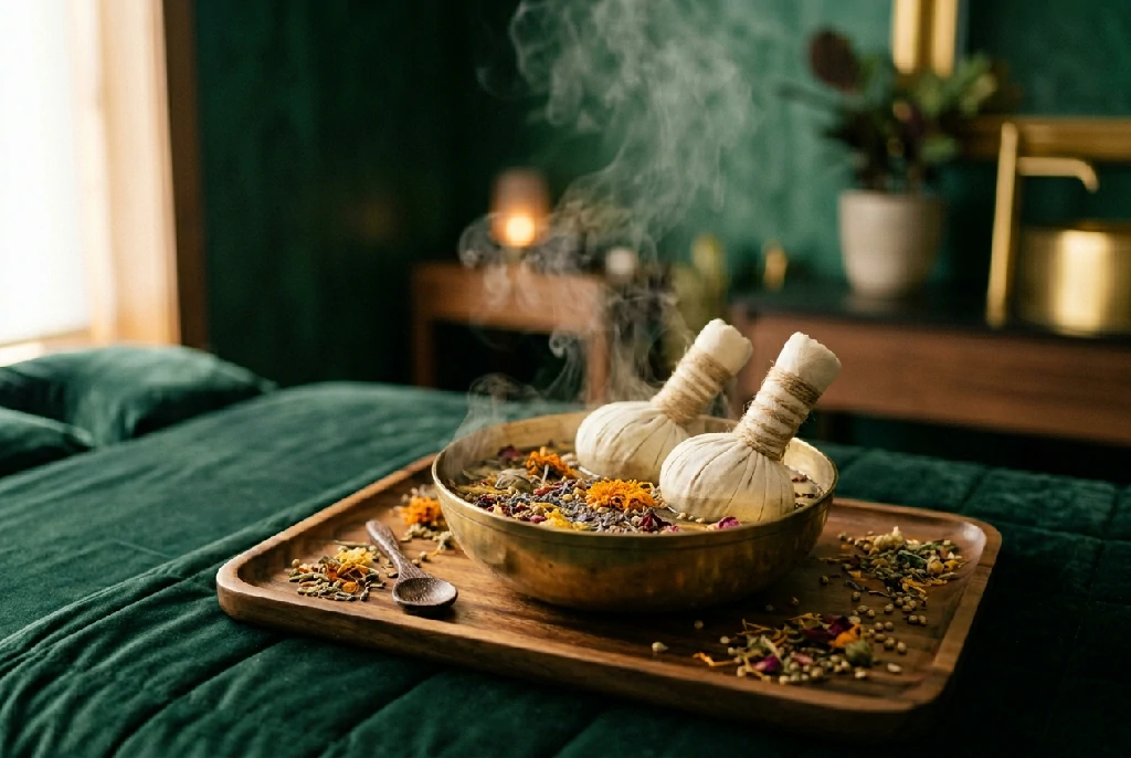Herbal poultice balls in a brass bowl on a wooden tray over a green velvet treatment bed
