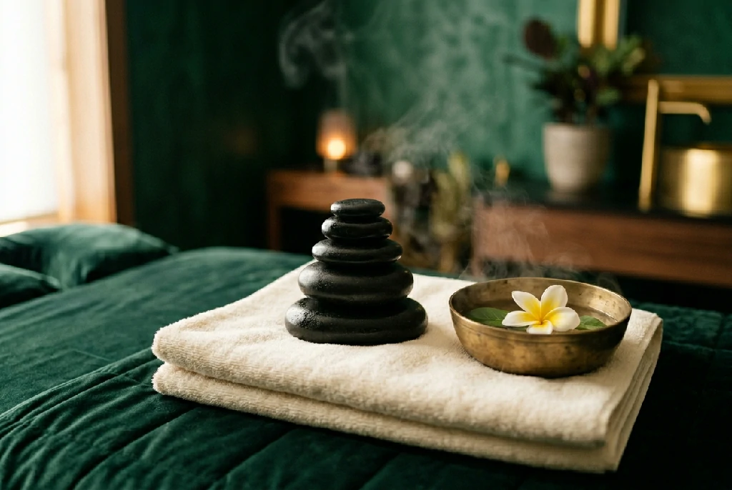 Stacked black massage stones and a brass bowl with frangipani on a cream towel