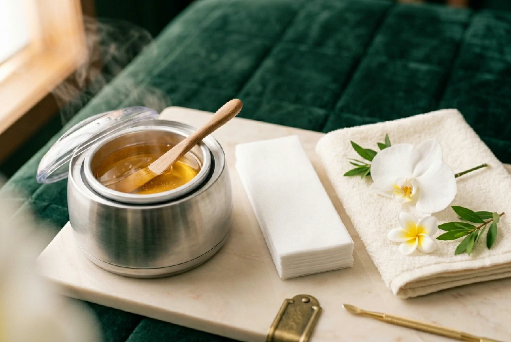 Wax pot, waxing strips and a towel with frangipani flowers